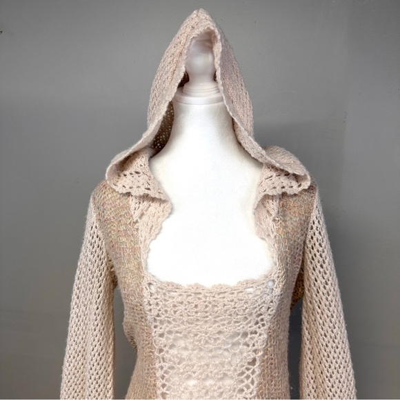 Free People Merci Hooded Wool Blend Crochet Tunic Sweater Size M Boho Festival - Picture 6 of 15
